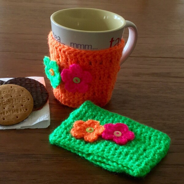 Pair of Crochet Coffee Mug Cosies, Mug Hugs, Re-useable mug/cup sleeve, Neon Green & Orange. Gift for Teacher, Friend, Office Desk.