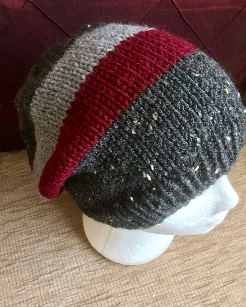 Woollen Warm Student Beanie Women/'s Hat Gift for a Man Knitted Springtime Beret Hat Cosy Woolly Headwear. Multi Striped Slouchy Hat