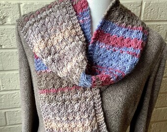 Super soft long scarf. Snug & warm cable knit scarf. Hand knitted scarf. Neutral Multicoloured Woolly Scarf. Winter knitwear.