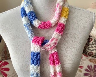 Soft & silky skinny scarf. Tube scarf. Bright colourful hand knit thin scarf. Pink, blue, white, yellow any season scarf. Bespoke neckwear.