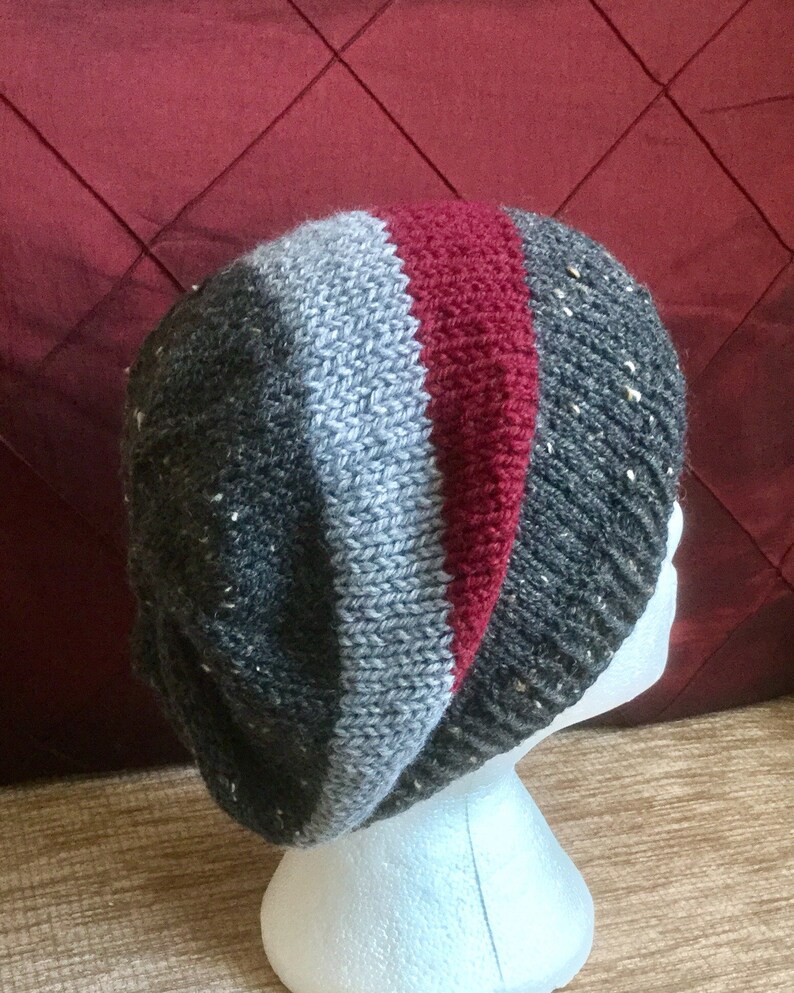 Woollen Warm Student Beanie Women/'s Hat Gift for a Man Knitted Springtime Beret Hat Cosy Woolly Headwear. Multi Striped Slouchy Hat