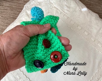 Colourful fidget cuff. Soft to touch. Sensory hand held comforter. Activity textured tactile mitten. Therapeutic hand knitted twiddle muff.