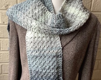 Ombre Grey Hand knitted Long Scarf. Super soft, snug & warm cable knit scarf. Neutral colour woolly Scarf. Mother or Father’s Day Gift.