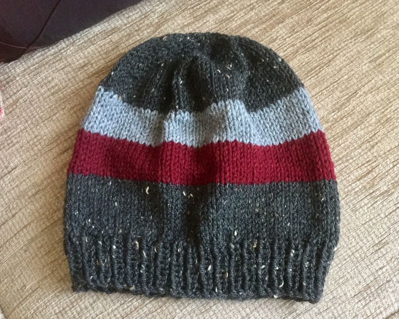 Woollen Warm Student Beanie Women/'s Hat Gift for a Man Knitted Springtime Beret Hat Cosy Woolly Headwear. Multi Striped Slouchy Hat