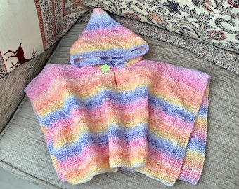 Adorable! Hand knitted Poncho for baby. Age 6-9 months, Hooded cape 4 Car Seat, Pram or Stroller. Pretty Newborn Gift, Acrylic Rainbow Yarn.