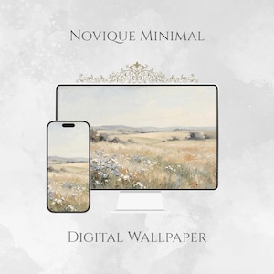 May include: A computer monitor and a smartphone displaying a digital wallpaper featuring a landscape painting of a golden field with wildflowers under a pale sky. The text NOVIQUE MINIMAL and DIGITAL WALLPAPER is printed above and below the devices.