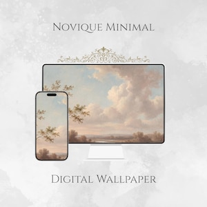 May include: A digital wallpaper design featuring a landscape painting displayed on a computer monitor and a smartphone. The artwork depicts a cloudy sky, trees, and a body of water. The text "NOVIQUE MINIMAL" and "DIGITAL WALLPAPER" are displayed.