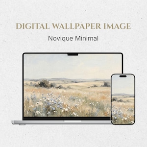 May include: A laptop and a smartphone displaying a digital wallpaper image of a landscape with a field of wildflowers and rolling hills. The text DIGITAL WALLPAPER IMAGE and Novique Minimal are printed in dark grey above the devices.
