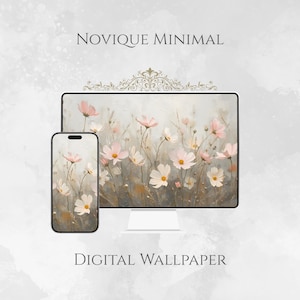 Puede incluir: Un diseño de fondo de pantalla digital con una ilustración floral de flores de cosmos rosas y blancas. El diseño se muestra en un teléfono inteligente y un monitor de computadora. También se ven los textos "NOVIQUE MINIMAL" y "DIGITAL WALLPAPER".