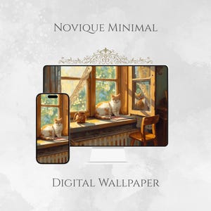 May include: Digital wallpaper featuring a serene scene of a cat sitting on a windowsill, with a warm, inviting aesthetic. The image is displayed on a smartphone and a computer monitor, with the text "NOVIQUE MINIMAL" and "DIGITAL WALLPAPER".