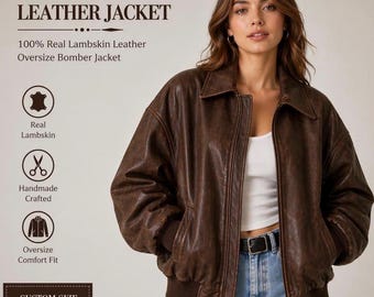 Women's Brown Leather Jacket | Bomber Oversized Genuine Lambskin Soft Coat | Gift for her