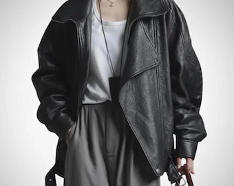 Women's Oversized Leather jacket, Genuine Vintage Jacket, Y2K Biker Style