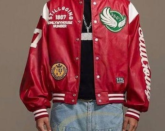 Red Leather Varsity Jacket – Embroidered Patches, Streetwear Essential