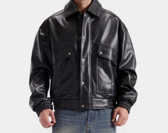 Men's Black Leather Jacket Genuine Sheepskin Classic Zip-Up Winter Jacket - Gift for him