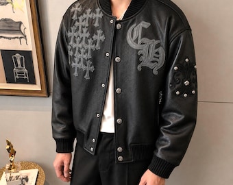 Black Leather Varsity Jacket – Gothic Cross Patches, Oversized Streetwear Bomber – Gift for him