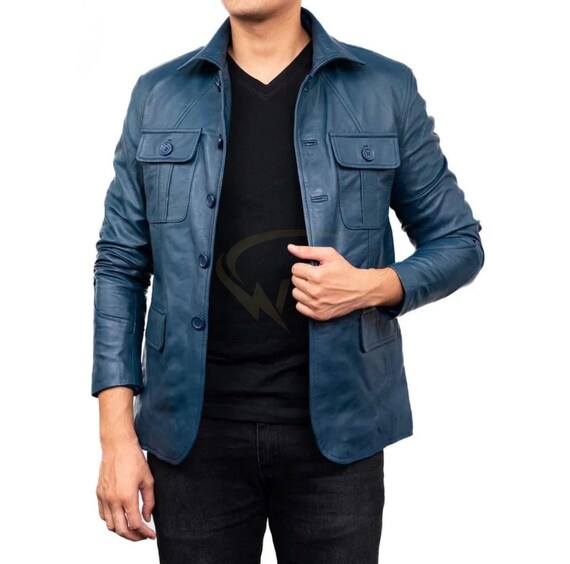 Men's Leather Blazer Jacket – Blue Shirt Style Coat, 4 Pocket Casual Smart Wear