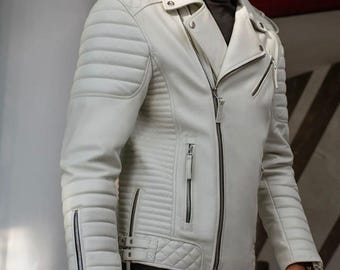 Men's White Leather Biker Jacket | Slim Fit Perfecto Style Motorcycle Jacket Genuine Lambskin