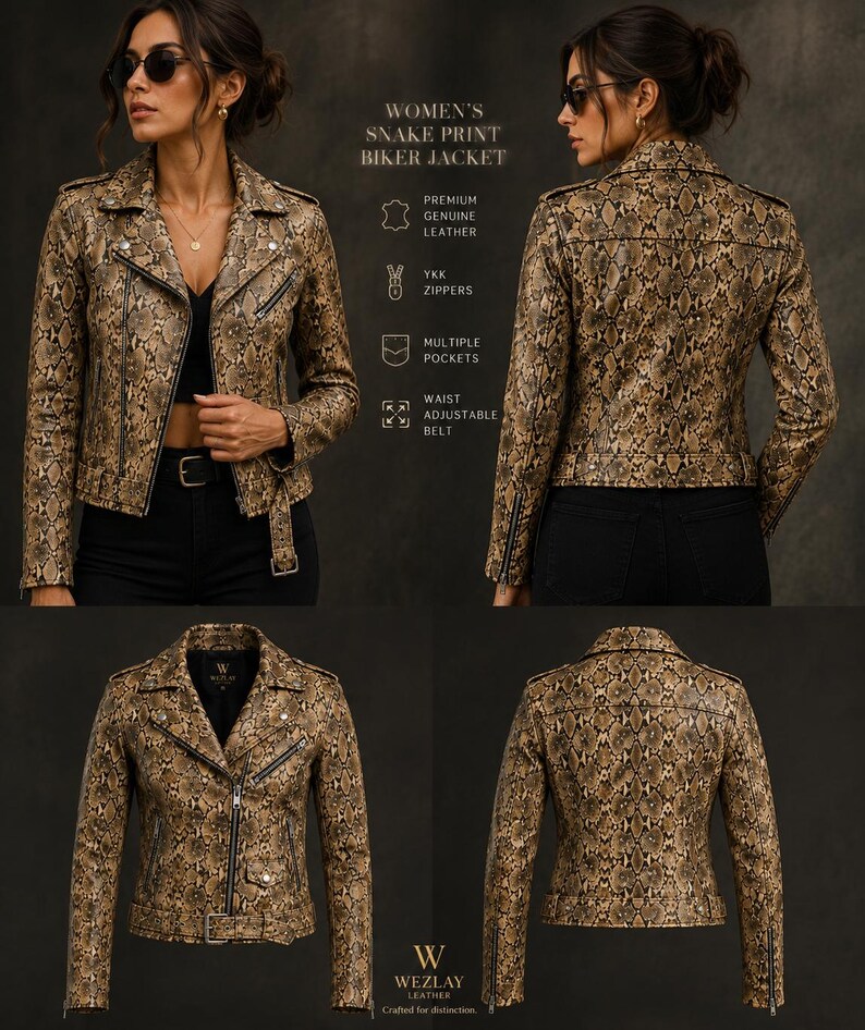 Snake Print Leather Jacket | Python Pattern Moto Jacket | Gothic Punk Rock Motorcycle Jacket | Gift for Him/Her image 3