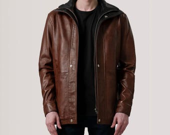 Men's Brown Leather Jacket Vintage Style Genuine Sheepkin Classic Winter Jacket