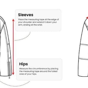 May include: A black and white line drawing of a jacket showing front and back views with red measurement lines and text labels for Bust, Sleeves, Waist, Hips, Shoulder, and Length. The diagram provides instructions for measuring garment dimensions.