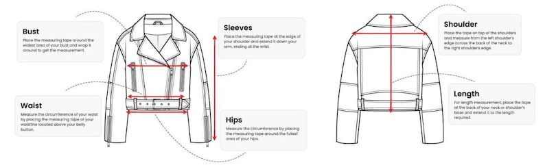 May include: A black and white line drawing of a jacket showing front and back views with red measurement lines and text labels for Bust, Sleeves, Waist, Hips, Shoulder, and Length. The diagram provides instructions for measuring garment dimensions.