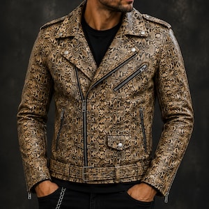 Snake Print Leather Jacket | Python Pattern Moto Jacket | Gothic Punk Rock Motorcycle Jacket | Gift for Him/Her Men’s