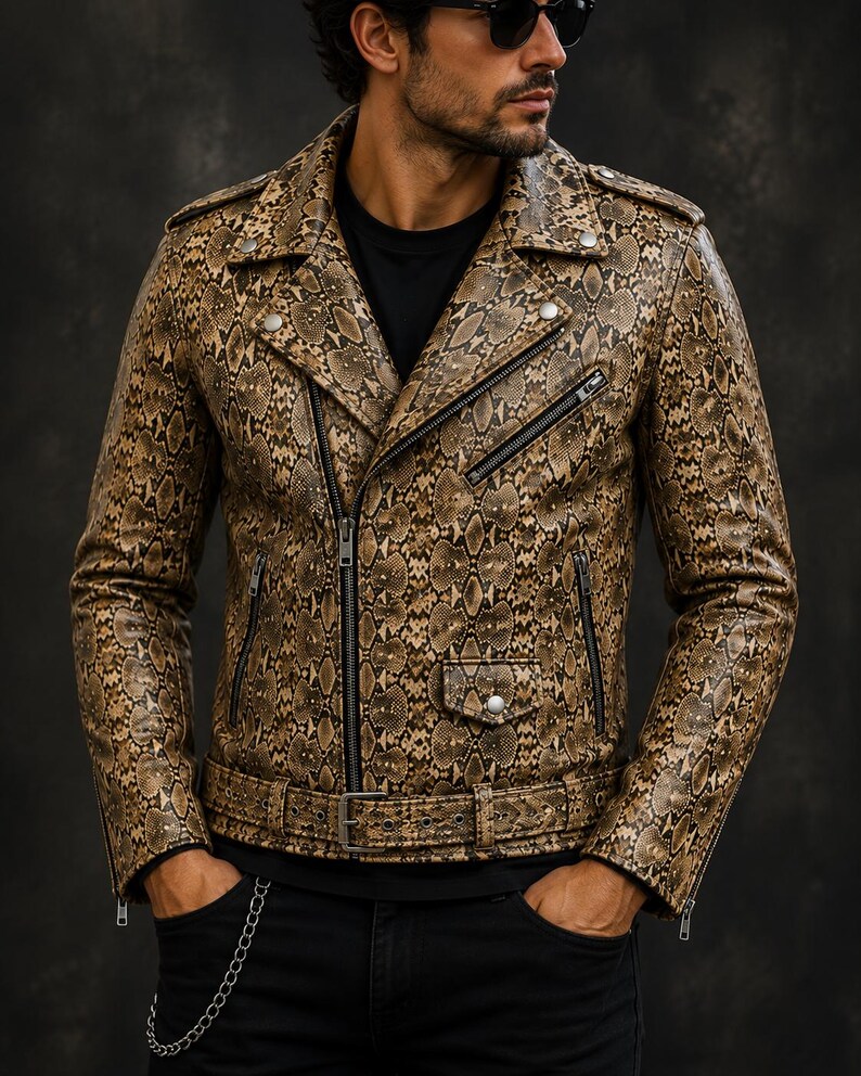 Snake Print Leather Jacket | Python Pattern Moto Jacket | Gothic Punk Rock Motorcycle Jacket | Gift for Him/Her Men’s