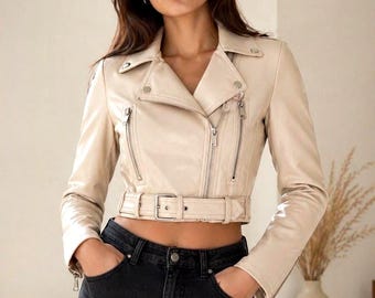 Women's Cropped Leather Jacket, Biker Jacket, Belted Moto Streetwear Outerwear | Gift for her.