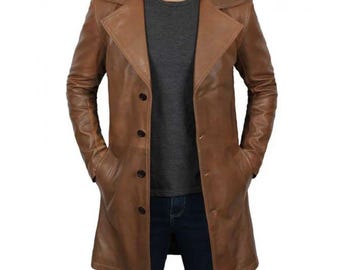 Men's Brown Leather long Coat – Winter Overcoat, Button Closure, Classic Long Jacket
