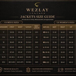 May include: A black and gold Wezlay Leather Jackets Size Guide chart featuring two tables for US sizes. The left table lists neck, shoulder, chest, waist, sleeve, and body length measurements in inches for sizes XS to 3XL. The right table lists bust, waist, hip, sleeve, and body length measurements for sizes XS to 3XL.