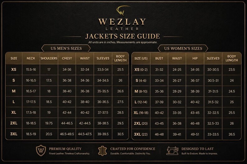 May include: A black and gold Wezlay Leather Jackets Size Guide chart featuring two tables for US sizes. The left table lists neck, shoulder, chest, waist, sleeve, and body length measurements in inches for sizes XS to 3XL. The right table lists bust, waist, hip, sleeve, and body length measurements for sizes XS to 3XL.