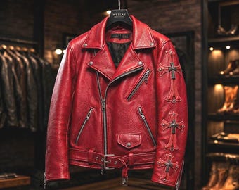 Red Leather Jacket Men – Handmade Cross Patch Gothic Moto Style - Luxury Gift for him.