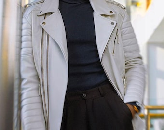 Men's White Leather Biker Jacket | Slim Fit Perfecto Style Motorcycle Jacket Genuine Lambskin