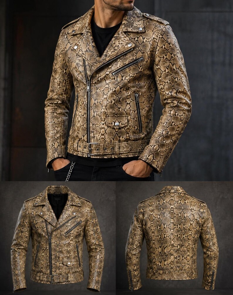 Snake Print Leather Jacket | Python Pattern Moto Jacket | Gothic Punk Rock Motorcycle Jacket | Gift for Him/Her image 6