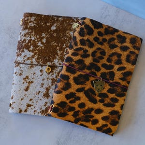 Leopard Print Hair-on-Hide Leather Journal Cover, Boho Travelers Notebook A5 A6