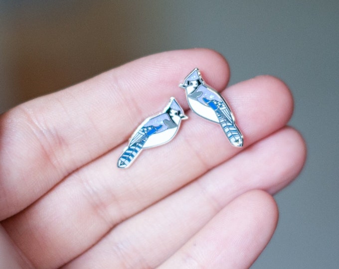 Blue Jay Earrings | Enamel Jewelry | Stud Earrings | Song Bird | Post Earrings | Bird Jewelry