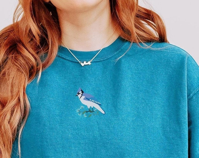 Comfort Color Sweatshirt | Bird Sweatshirt | BLUE JAY on Topaz Blue  | Crew Neck Sweatshirt for Nature Lovers | 1566 | Gift For Bird Nerd