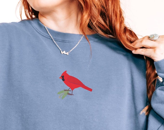 Comfort Color Sweatshirt | Bird Sweatshirt | CARDINAL on BLUE Jean | Crew Neck Sweatshirt for Nature Lovers | 1566 | Gift For Bird Nerd