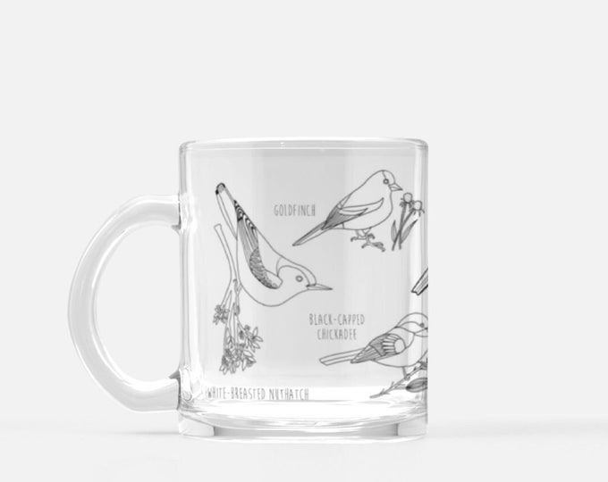 Bird Glass Coffee Cup| Backyard Birds-Line Drawing | Minimalist Coffee Mug | Gift for Mom | Bird Nerd Mug |  Clear Glass Coffee Mug