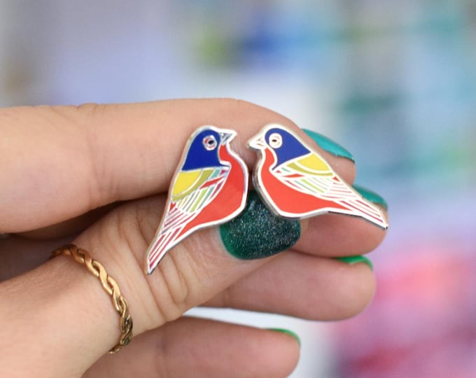 Painted Bunting Earrings | Enamel Jewelry | Stud Earrings |  Song Bird | Post Earrings | Bird Jewelry