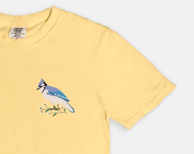 Blue Jay T Shirt | Comfort Color Tee | Choose Butter or Lagoon | Gift for Bird Nerd | Gift for Nature Love | Gift for Her | Cottagecore Tee