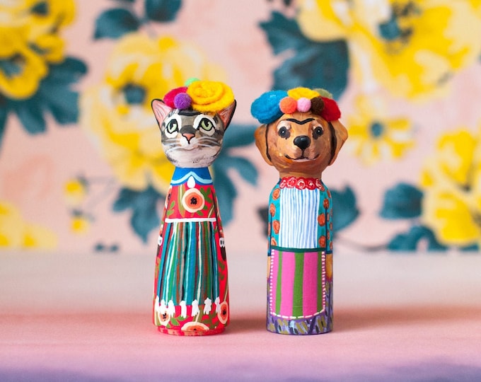 Turn Your Pet Into Frida Kahlo | Custom Pet Peg Dolls | Frida Kahlo Peg Dolls | With Felted Flower Crowns | CUSTOMIZABLE Pet Peg Dolls