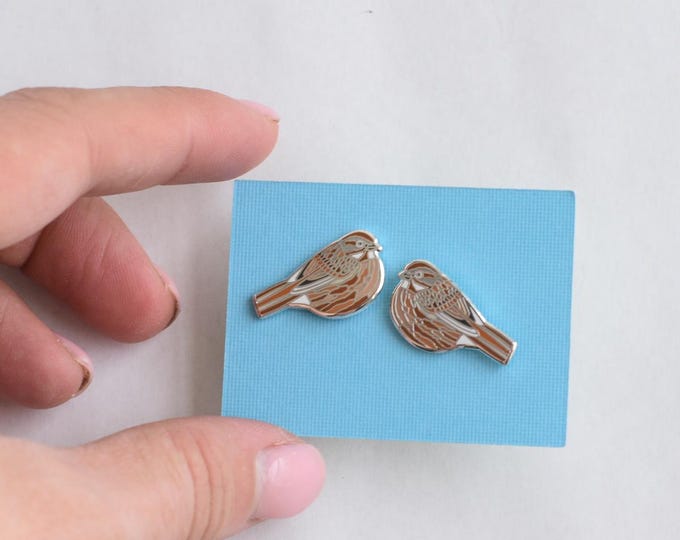 Song Sparrow Enamel Stud Earrings: Bird Jewelry
