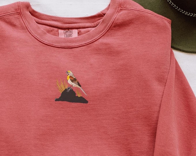 Comfort Color Sweatshirt | Bird Sweatshirt | MEADOWLARK on CRIMSON | Crew Neck Sweatshirt for Nature Lovers | 1566 | Gift For Bird Nerd
