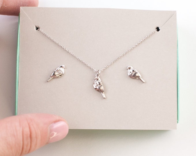 Sterling Silver Song Bird Jewelry Set | .925 Sterling Silver Bird Earrings with Necklace | Bird Fine Jewelry  | HYPOALLERGENIC
