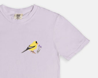 Bird Tee | Comfort Color T Shirt in Orchid | Goldfinch | Nature Lover Shirt | Bird Watcher Shirt | Gift for Her | Cottagecore TShirt