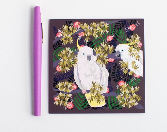 Cockatoos at Twilight Print | 4.75" Square Print | Tropical Bird Decor | Print by Emily Rose Thomson