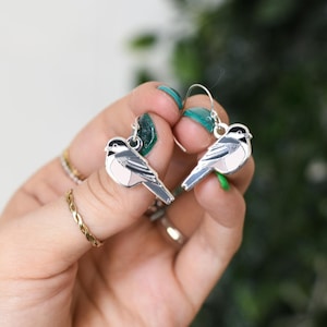 Chickadee Bird Earrings: Sterling Silver, Enamel Dangle Earrings
