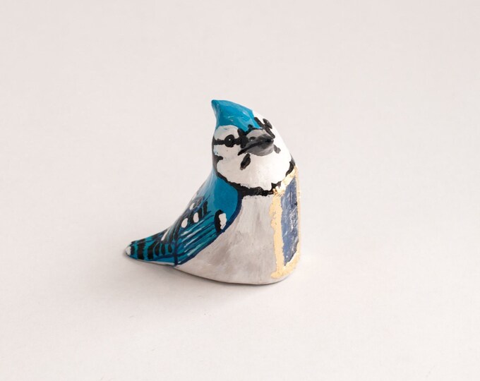 Blue Jay Miniature w/ Kyanite | Backyard Bird | Songbird | Bird Figurine | Gift for Nature Lover | Bird Nerd Gift | Clay Animal