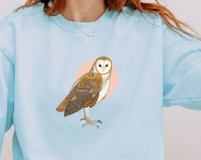 Comfort Color Sweatshirt | Bird Sweatshirt | BARN OWL on Chambray | Crew Neck Sweatshirt for Nature Lovers | 1566 | Gift For Bird Nerd
